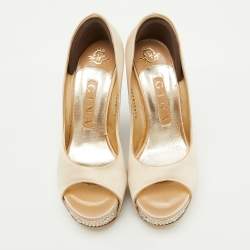 Gina Beige Satin Crystal Embellished Peep Toe Platform Wedge Pumps Size 37