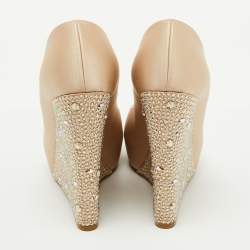 Gina Beige Satin Crystal Embellished Peep Toe Platform Wedge Pumps Size 37