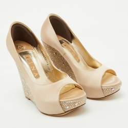 Gina Beige Satin Crystal Embellished Peep Toe Platform Wedge Pumps Size 37