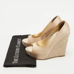 Gina Beige Satin Crystal Embellished Peep Toe Platform Wedge Pumps Size 37