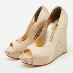 Gina Beige Satin Crystal Embellished Peep Toe Platform Wedge Pumps Size 37