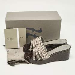 مملوكة مسبقًا Gina Brown Leather Crystal Embellished Phoenix Slide Sandals Size 37