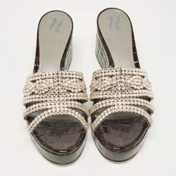 مملوكة مسبقًا Gina Brown Leather Crystal Embellished Phoenix Slide Sandals Size 37