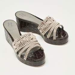 مملوكة مسبقًا Gina Brown Leather Crystal Embellished Phoenix Slide Sandals Size 37