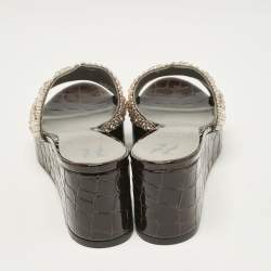 مملوكة مسبقًا Gina Brown Leather Crystal Embellished Phoenix Slide Sandals Size 37