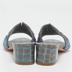 Pre Owned Gina Green/Blue Croc Embossed Patent Leather Rodeo Slide Sandals Size 38.5