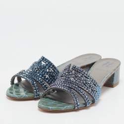 Pre Owned Gina Green/Blue Croc Embossed Patent Leather Rodeo Slide Sandals Size 38.5