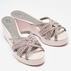 Pre Owned Gina Pink Leather Crystal Embellished Milo Slide Sandals Size 39