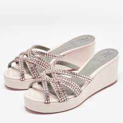 Pre Owned Gina Pink Leather Crystal Embellished Milo Slide Sandals Size 39