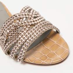 Gina Beige Leather Crystal Embellished Daphne Slide Sandals Size 38.5