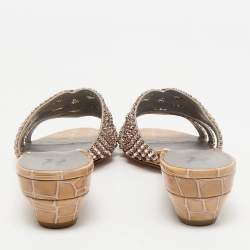 Gina Beige Leather Crystal Embellished Daphne Slide Sandals Size 38.5