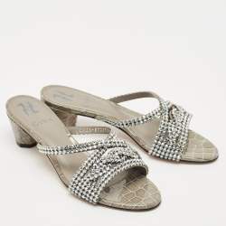 Gina Grey Leather Crystal Embellished Cerise Slide Sandals Size 38