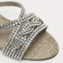 Gina Grey Leather Crystal Embellished Cerise Slide Sandals Size 38