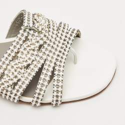 Gina White/Silver Leather Crystal Embellished Loren Flat Slides Size 39