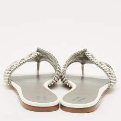 Gina White/Silver Leather Crystal Embellished Loren Flat Slides Size 39