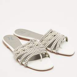 Gina White/Silver Leather Crystal Embellished Loren Flat Slides Size 39