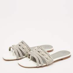 Gina White/Silver Leather Crystal Embellished Loren Flat Slides Size 39