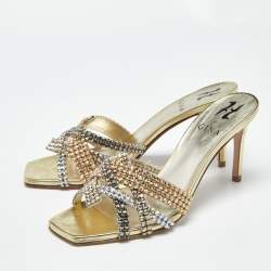 Pre Owned Gina Metallic Leather  Crystal Embellished Slide Sandals Size 37.5