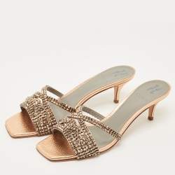 Pre Owned Gina Gold Leather Crystal Embellished Slide Sandals Size 41