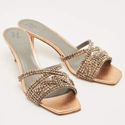 Pre Owned Gina Gold Leather Crystal Embellished Slide Sandals Size 41