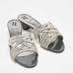 Pre Owned Gina Silver Leather Crystal Embellished Slide Sandals Size 40