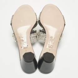 Pre Owned Gina Silver Leather Crystal Embellished Slide Sandals Size 40
