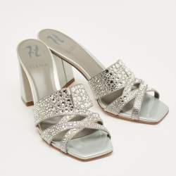 Pre Owned صندل سلايد جينا رمادي ساتان بريق مزخرف كريستال مقاس 38.5