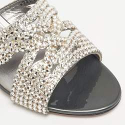 مملوكة مسبقًا Gina Loren Size 40 Silver Croc Embossed Patent Leather Slide Sandals