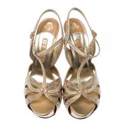 Pre Owned صندل جينا مزخرف كريستال سير حرف T نعل سميك ساتان ذهبي مقاس 40