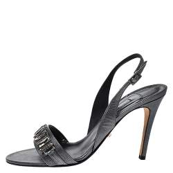 Pre Owned صندل جينا فتحة كعب مزخرف جلد رمادى مقاس 41