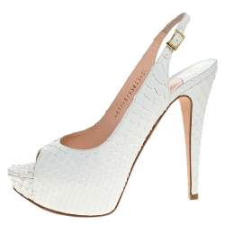 Pre Owned صندل جينا فتحة كعب نعل سميك مقدمة مفتوحة جلد ثعبان أبيض مقاس 38.5