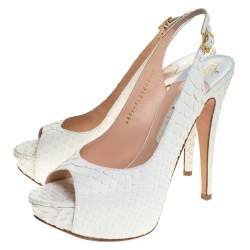 Pre Owned صندل جينا فتحة كعب نعل سميك مقدمة مفتوحة جلد ثعبان أبيض مقاس 38.5