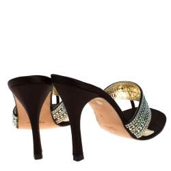 Pre Owned Gina Brown Leather And Satin Crystal Embellished Thong Sandals Size 41
