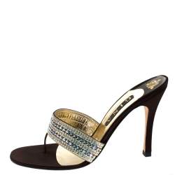 Pre Owned Gina Brown Leather And Satin Crystal Embellished Thong Sandals Size 41