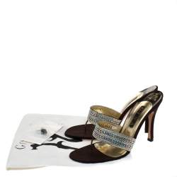 Pre Owned Gina Brown Leather And Satin Crystal Embellished Thong Sandals Size 41