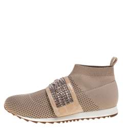 Pre Owned Gina Beige Knit Fabric And Patent Crystal Embellished Nyla Sneakers Size 38