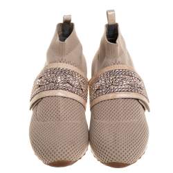 Pre Owned Gina Beige Knit Fabric And Patent Crystal Embellished Nyla Sneakers Size 38