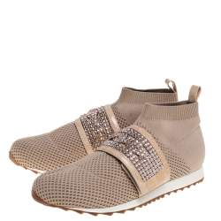 Pre Owned Gina Beige Knit Fabric And Patent Crystal Embellished Nyla Sneakers Size 38