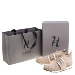 Pre Owned Gina Beige Knit Fabric And Patent Crystal Embellished Nyla Sneakers Size 38