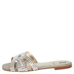 مملوكة مسبقًا Gina  Grey Crystal Leather Orion Slide Sandals Size 37