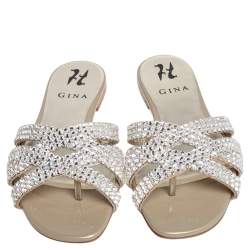 مملوكة مسبقًا Gina  Grey Crystal Leather Orion Slide Sandals Size 37