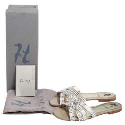مملوكة مسبقًا Gina  Grey Crystal Leather Orion Slide Sandals Size 37