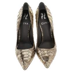 Pre Owned حذاء كعب عالي جينا جلد ثعبان ذهبي بمقدمة مدببة مقاس 38.5