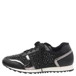 Pre Owned Gina Black Leather And Embellished Satin Luminosa Low Top Sneakers Size 40
