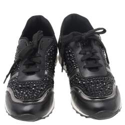Pre Owned Gina Black Leather And Embellished Satin Luminosa Low Top Sneakers Size 40