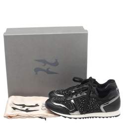 Pre Owned Gina Black Leather And Embellished Satin Luminosa Low Top Sneakers Size 40