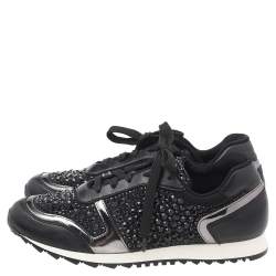 Pre Owned Gina Black Leather And Embellished Satin Luminosa Low Top Sneakers Size 40