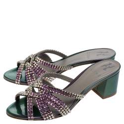 Pre Owned Gina Crystals Embellished Iridescent Leather Dexie Slide Sandals Size 38.5