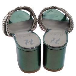 Pre Owned Gina Crystals Embellished Iridescent Leather Dexie Slide Sandals Size 38.5