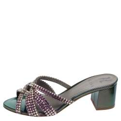 Pre Owned Gina Crystals Embellished Iridescent Leather Dexie Slide Sandals Size 38.5